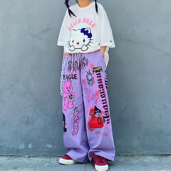 Women Trousers Anime Print Wide Leg Pants Women Ae - Picture 5 of 6